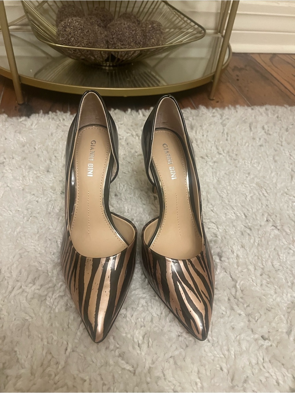 Gianni Bini Metallic Rose Gold and Black Zebra-Print Pointed Pumps